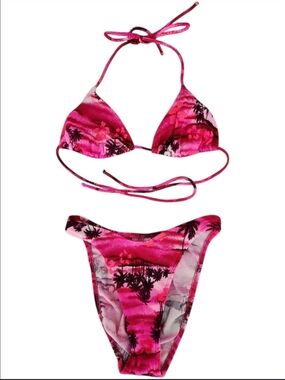Vintage Roxy Hot Pink Tropical Print Triangle Bikini With High Cut Leg Bottom XS
